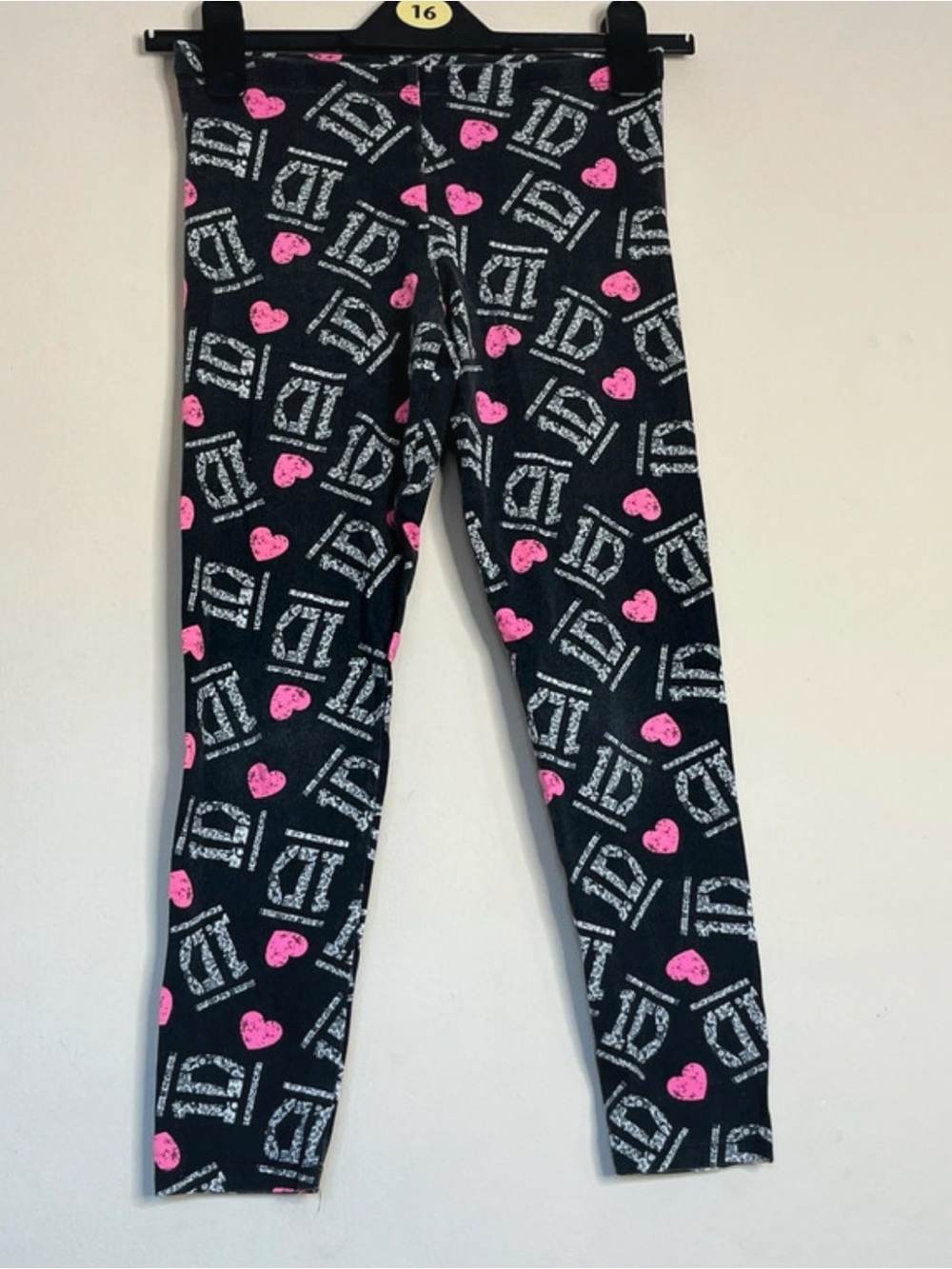 1D Black Leggings with Pink Heart and White Logo Print
